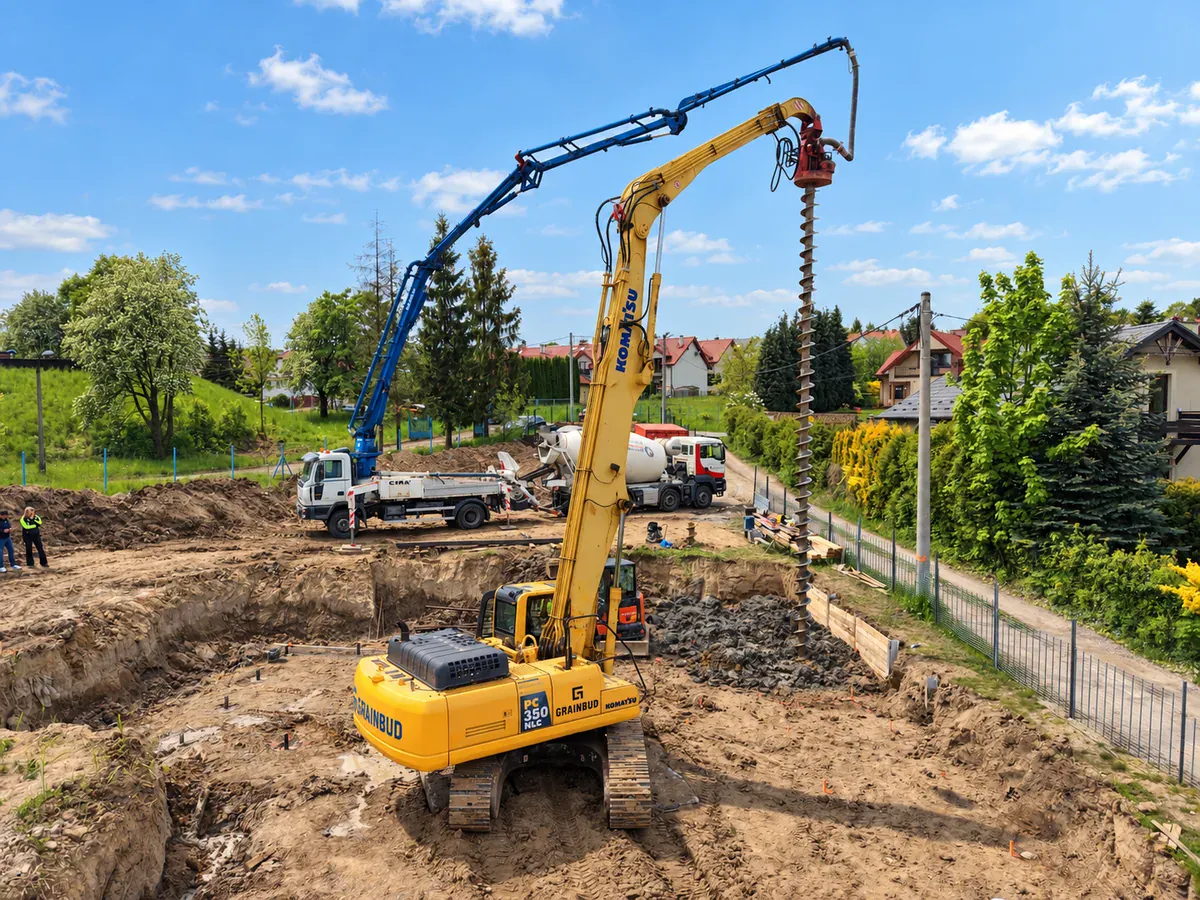 Palownica GRAINBUD z długim świdrem CFA w wykopie wśród domów jednorodzinnych